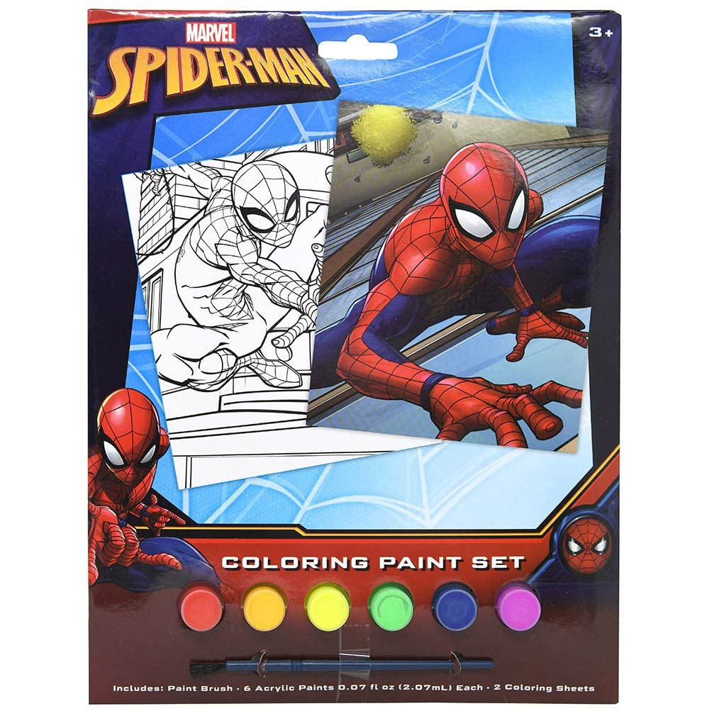 Spiderman Kids Arts and Crafts Coloring Paint Set – 6 Colors, Brush & 2 Poster Sheets