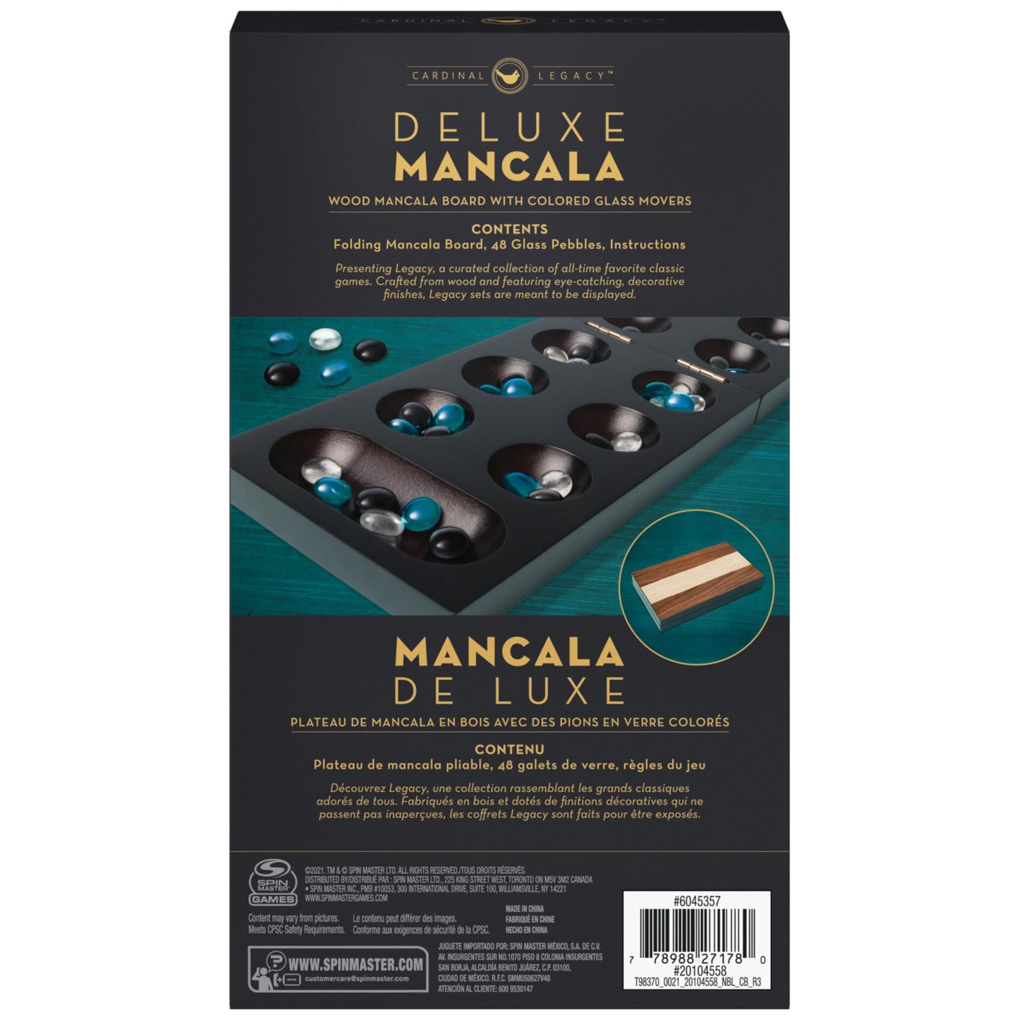 Spin Master Games Legacy Deluxe Mancala – Folding Wooden Board, Glass Pebbles, Family Strategy Game for Ages 8+