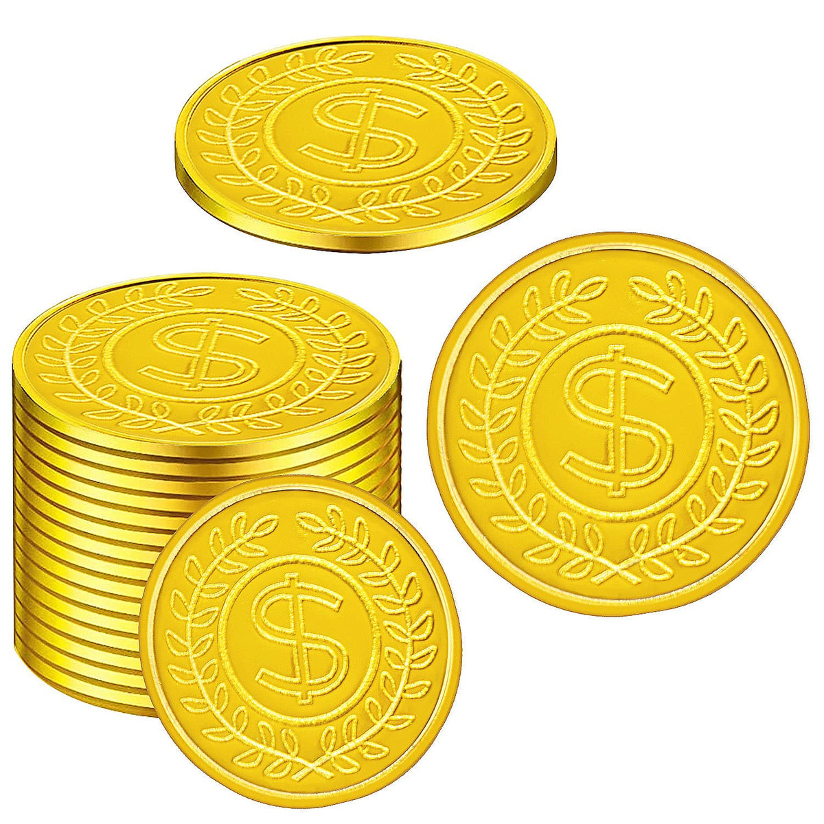 SpinLaLa 100 Count Plastic Gold Coins — Pirate Treasure Play Coins for Party Props & Treasure Hunts