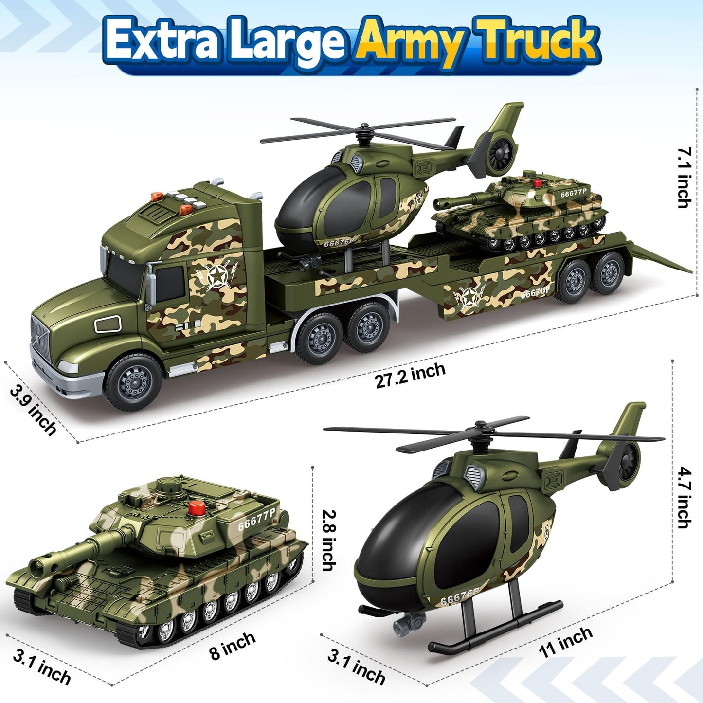 SpringFlower Army Truck Toys – 3-in-1 Extra Large Transport Truck with Helicopter & Tank Lights & Sounds