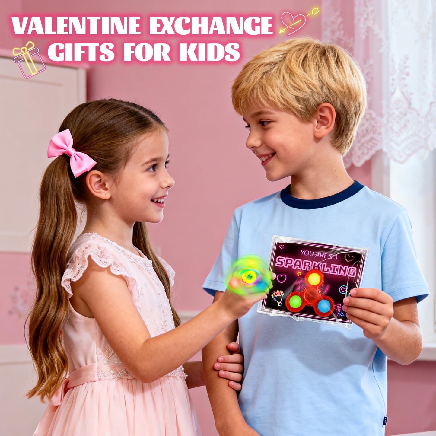 SpringFlower Valentines Day Gifts for Kids – 24 Pack Cards with Light Up Rings & Fidget Spinner Toys