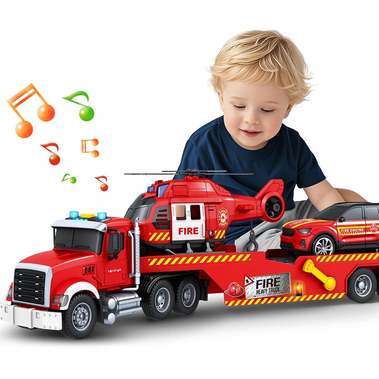SpringFlower Extra Large Fire Truck Toy — 3-in-1 with Racing Car & Helicopter for Toddlers 3-7