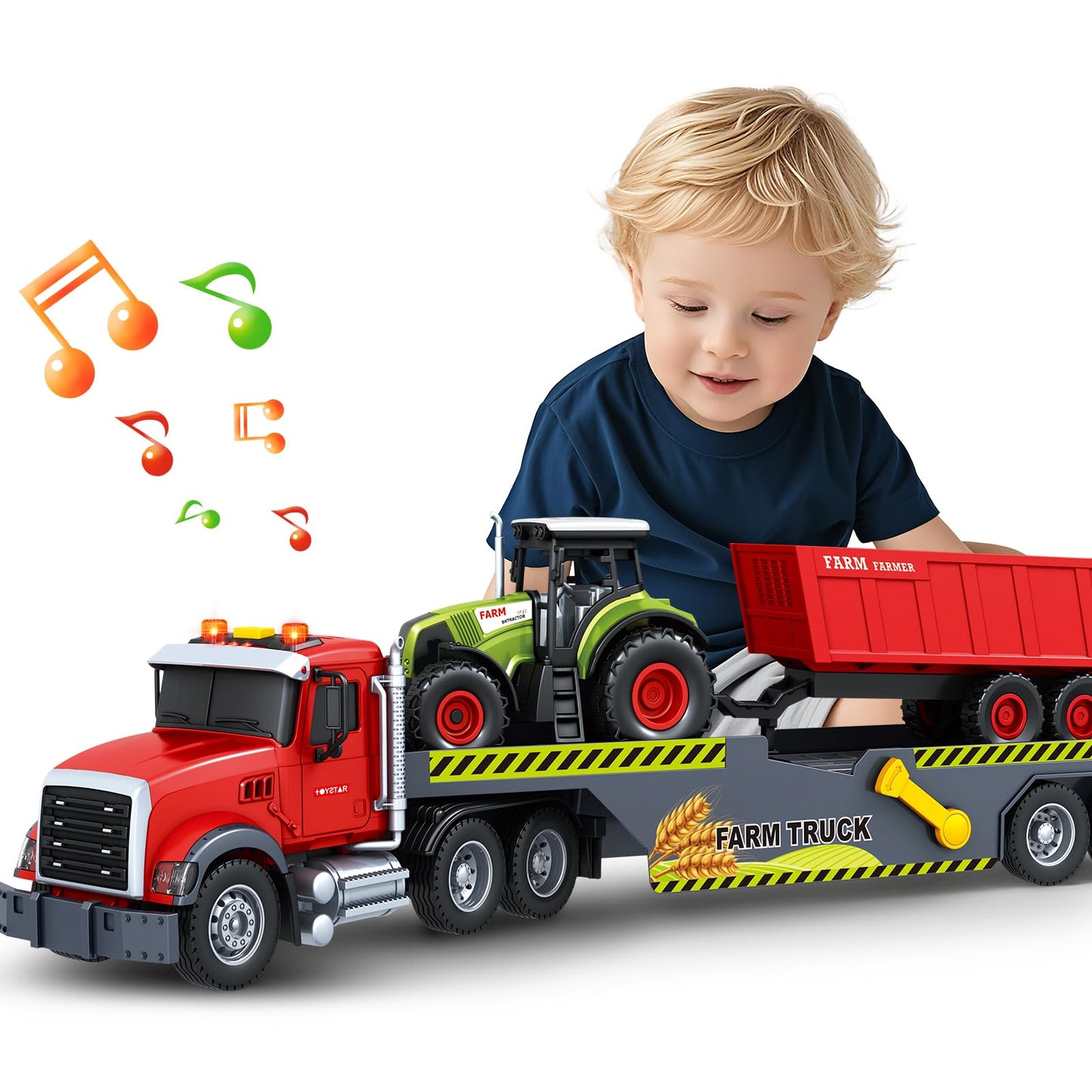 SpringFlower 21-Inch Extra Large Truck Toy with Tractor & Dump Truck | 3-in-1 Sounds & Lights