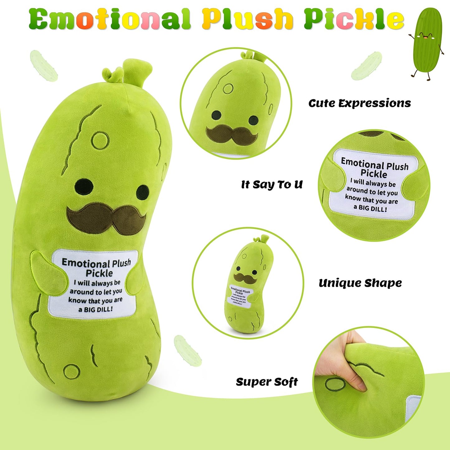 Sprinqdawin Emotional Plush Pickle 20-Inch — Pickle Stuffed Animal with Positive Warm Words | Plush Toy & Pillow