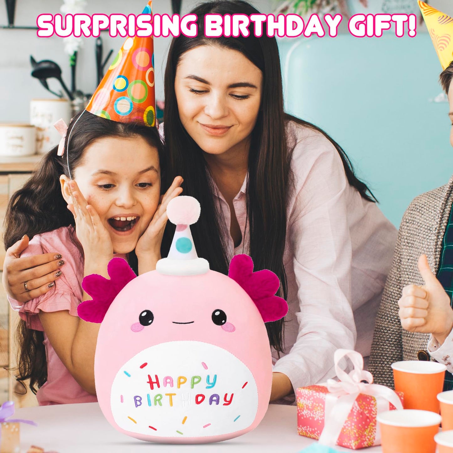 SQEQE Axolotl Plush Toy - Pink Birthday Axolotl Plush, 10 Inch, Cute Gift & Home Decor