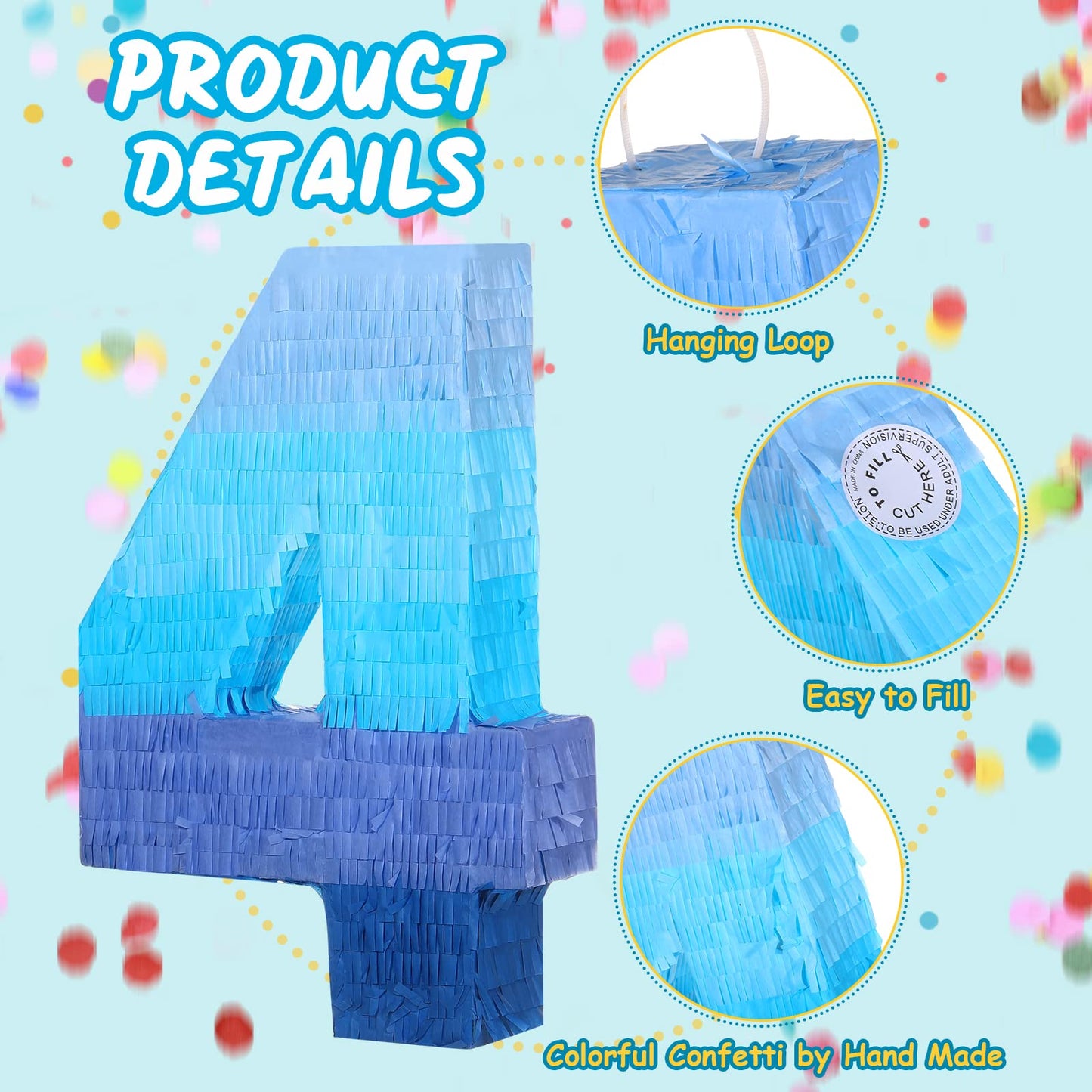 Sratte Gradient Blue Pinata Number 4 – Party Piñata with Blindfold & Stick