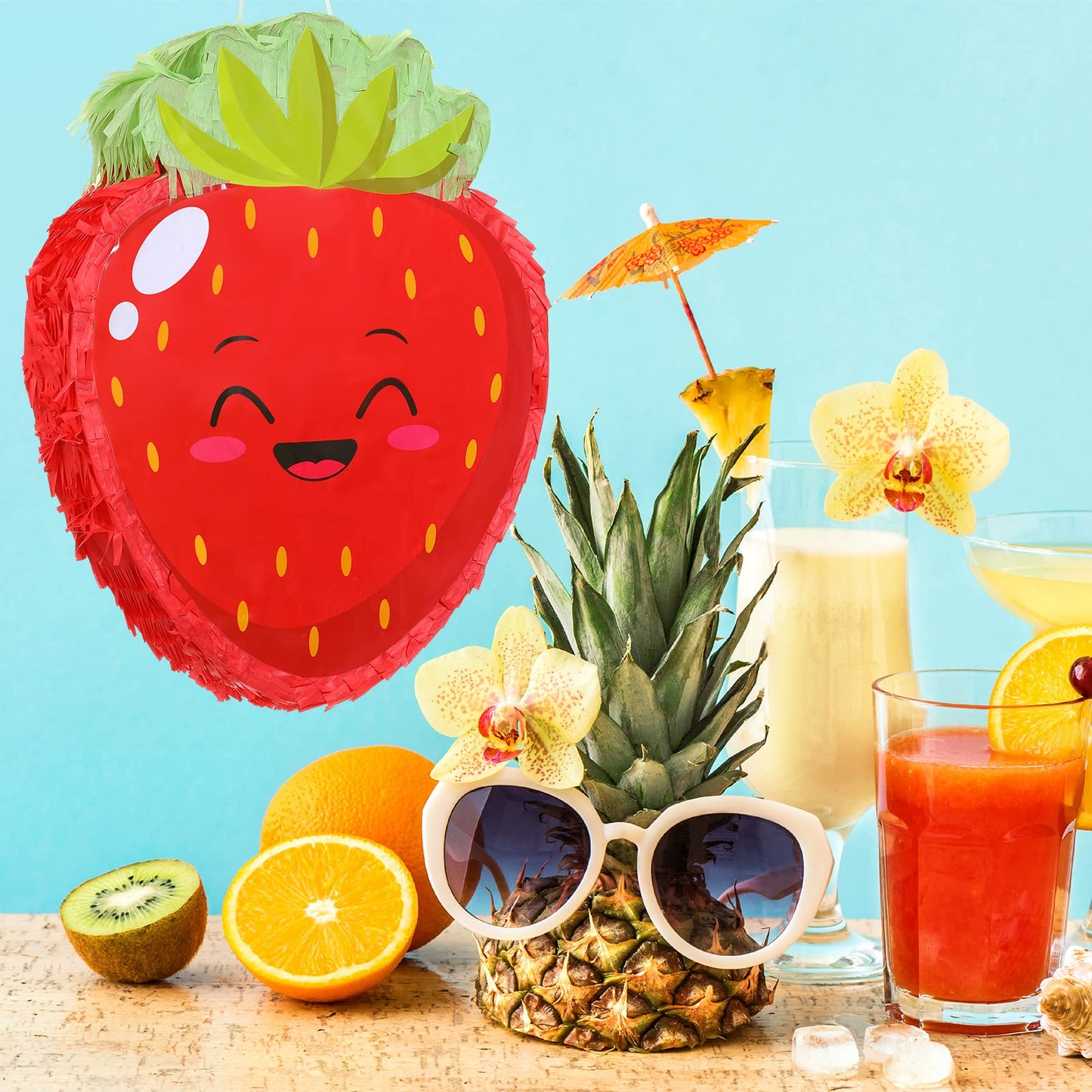 Sratte Strawberry Piñata – Fun Summer Fruit Theme Party Game with Stick, Blindfold & Confetti