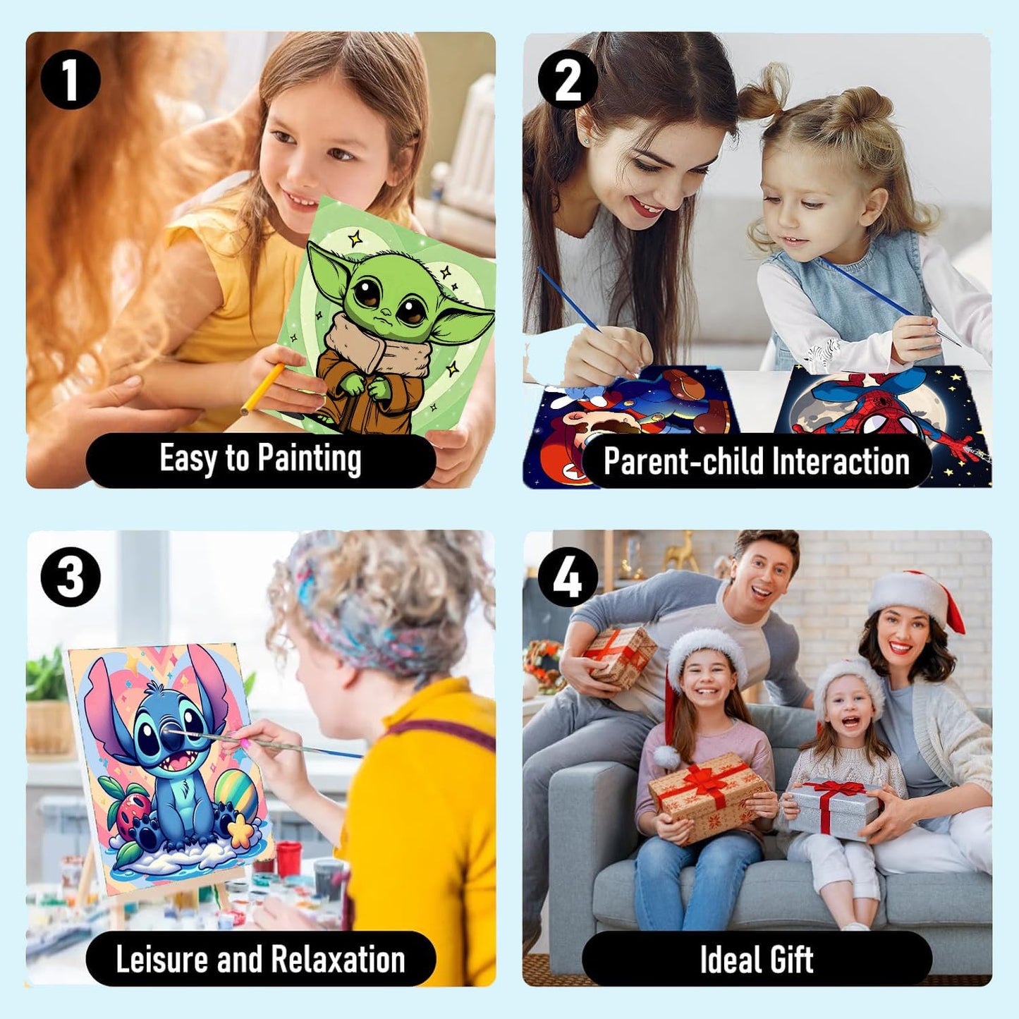 Sretoul 4 Pack Cartoon Paint by Numbers Kit for Kids with Frame & Wooden Easel – 8x8 Inch