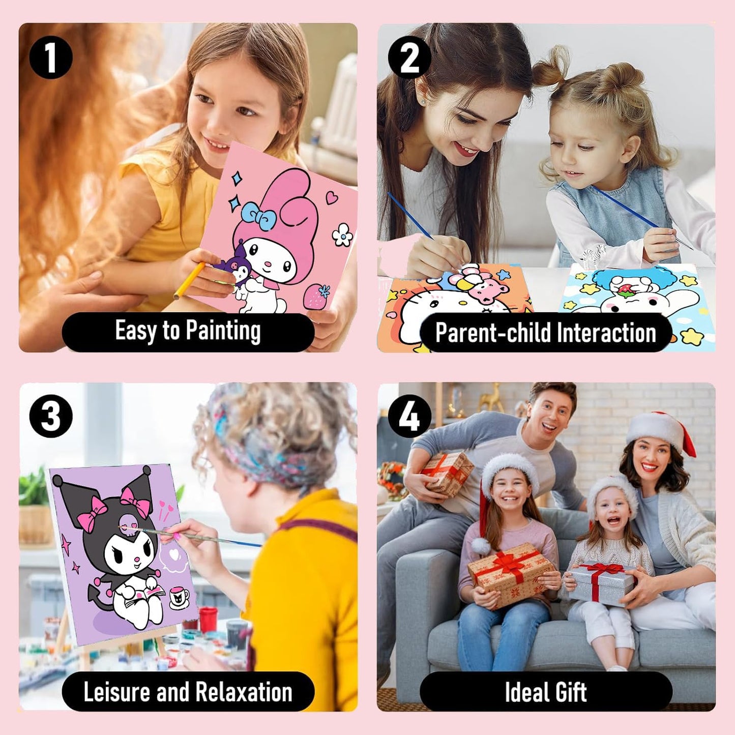 Sretoul 4 Pack Cartoon Paint by Numbers Kit for Kids with Frame – 8x8 in, Wooden Easel