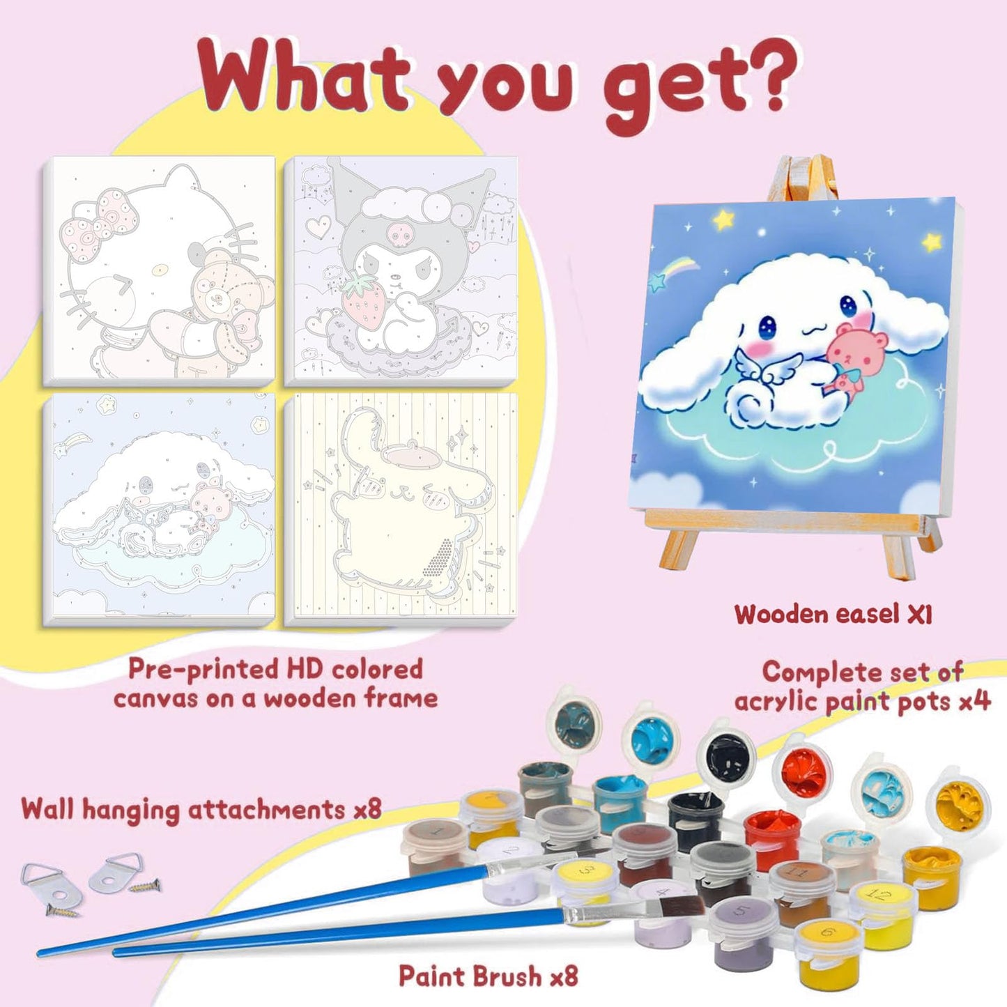 Sretoul 4-Pack Cartoon Paint by Numbers Kit for Kids with Frame & Wooden Easel (8x8 in)