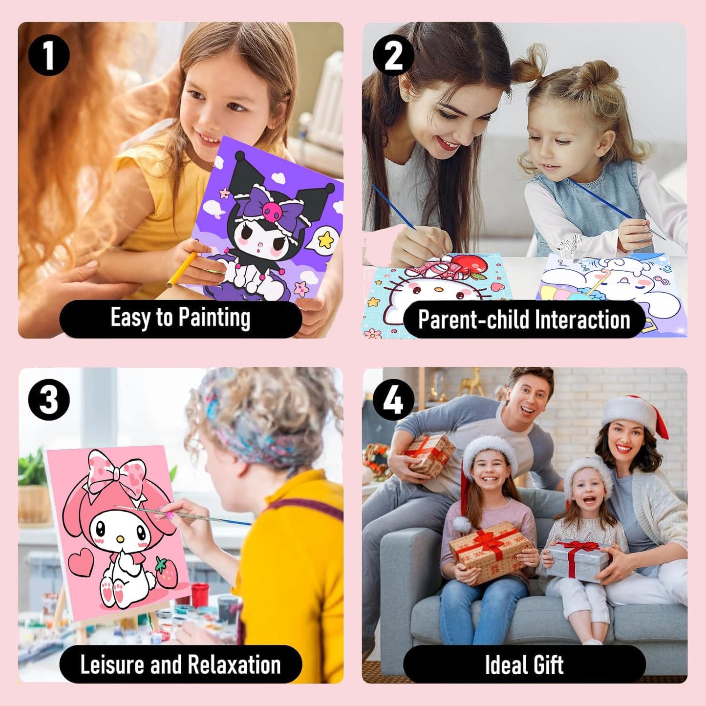 Sretoul 4 Pack Cartoon Paint by Numbers Kit for Kids with Frame, Wooden Easel & 8x8 Canvas