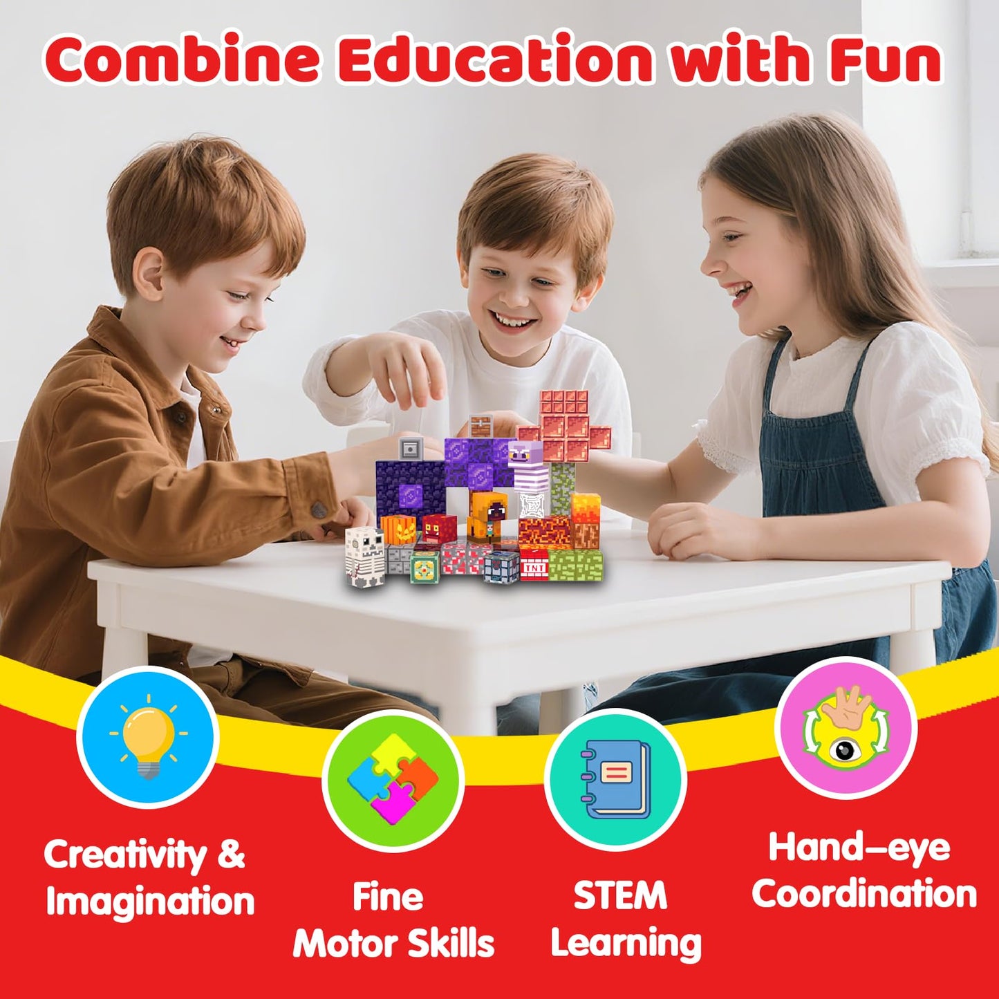 SSAWER Magnetic Blocks – 100PCS Light-Up Magnetic Building Blocks for Kids | STEM Construction Toy
