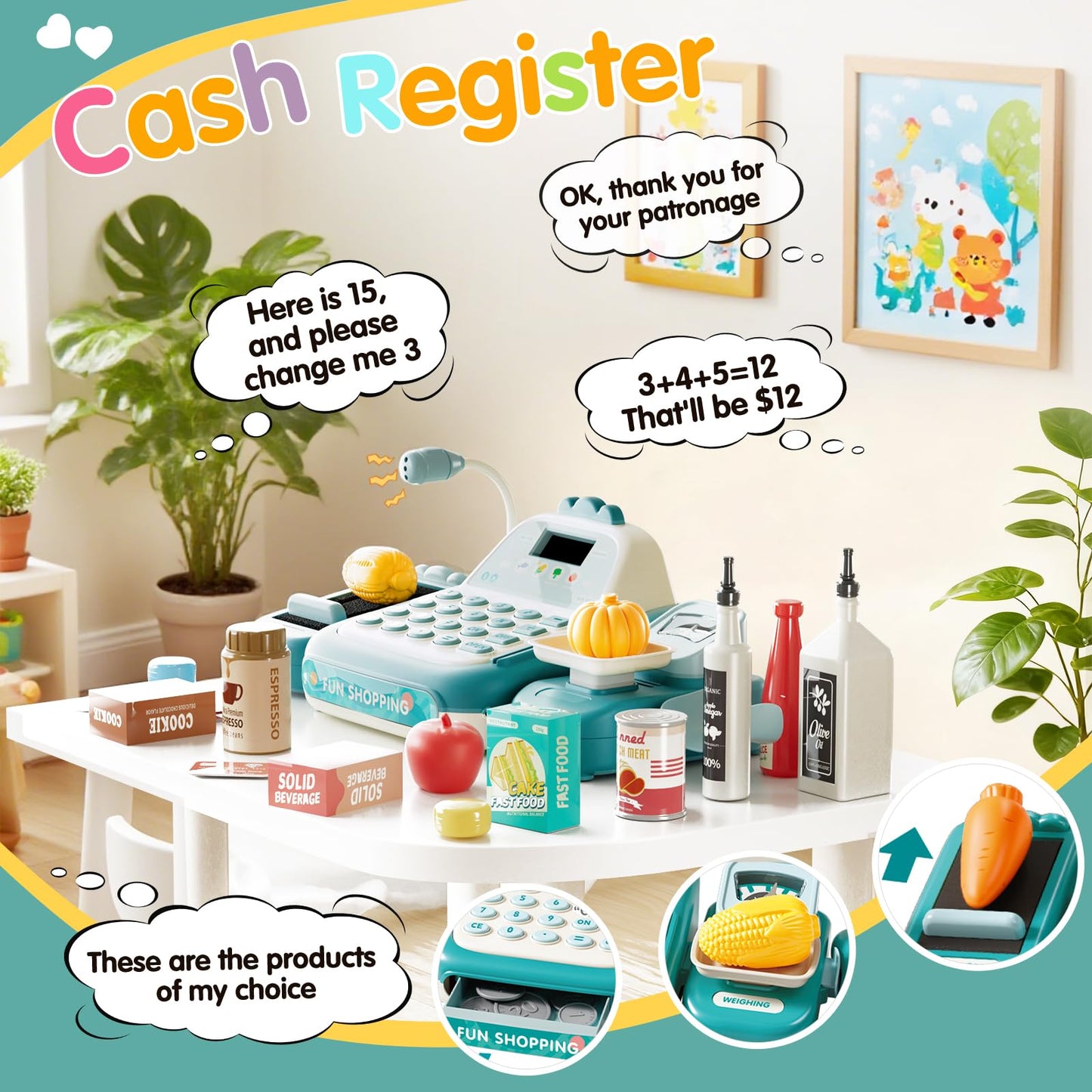 STACTCUTE 49-Piece Cash Register Toy Set — Conveyor Belt, Scanner & Microphone | Pretend Play Grocery for Kids 3-8