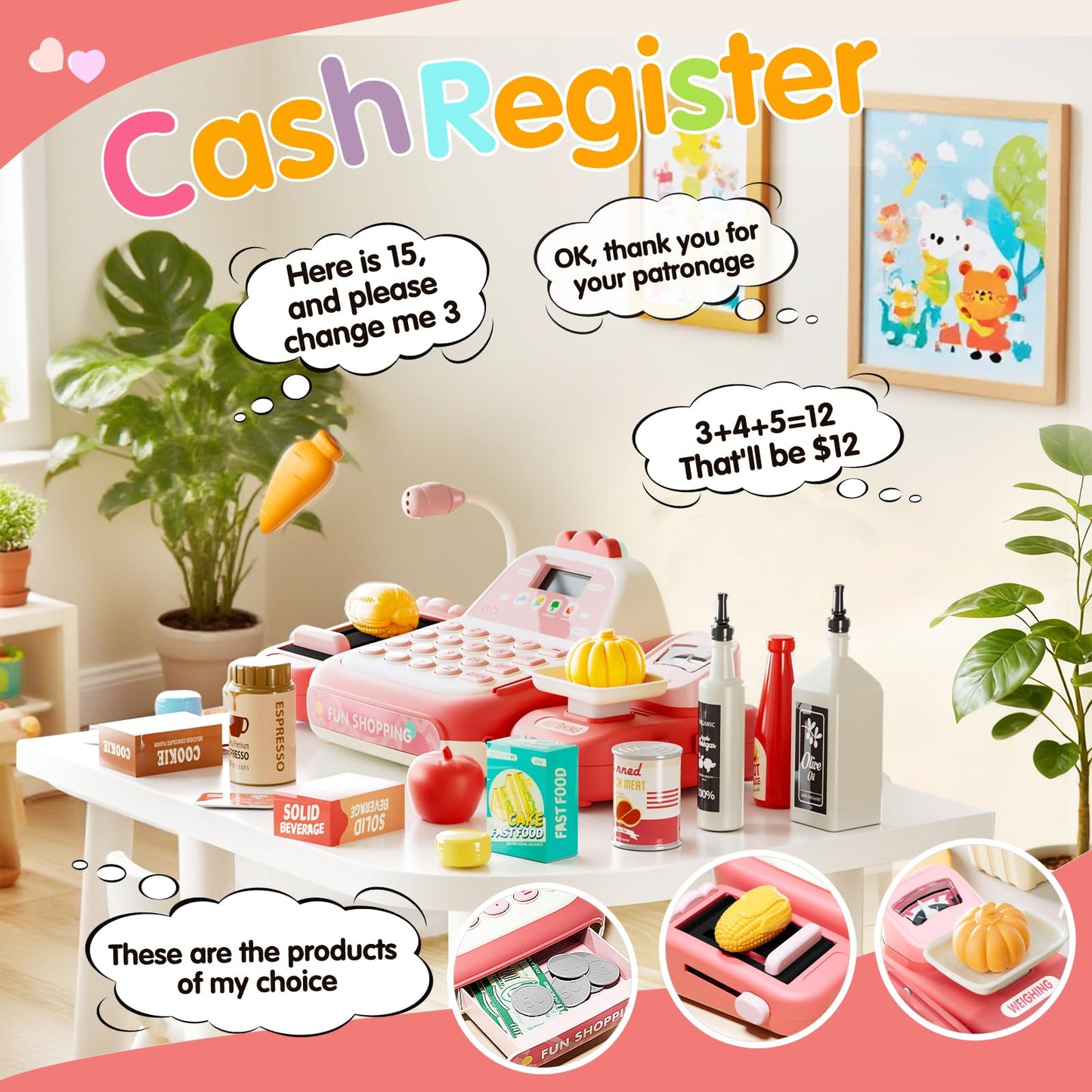 STACTCUTE 49-Piece Cash Register Toy Set (Pink) – Real Calculator, Conveyor Belt & Scanner