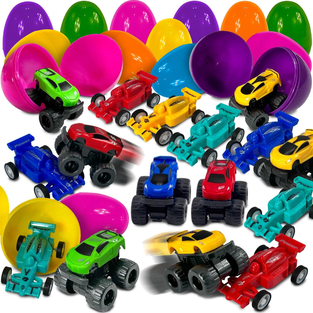 Stargo 8 Pack 3.2-inch Colorful Prefilled Easter Eggs with Pull-Back Cars – Large Plastic Eggs for Baskets & Party Favors