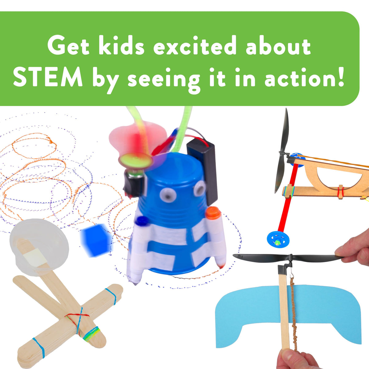 STEM Inventions 4-Pack STEM Kit: Rubber Band Helicopter, Scribble Bot, Catapult, Propeller Car – Ages 8-12