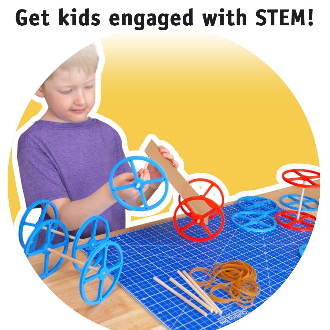 STEM Inventions Large Plastic Wheels & Axles for Mousetrap & Rubber Band Cars – 20 Wheels, 20 Bands, 10 Dowels