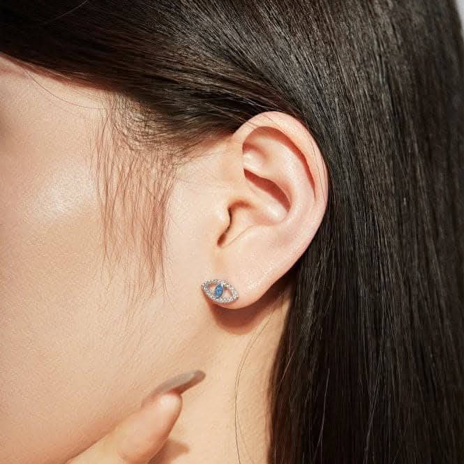 Sterling Silver Rhodium Plated Evil Eye Stud Earrings ERLE082