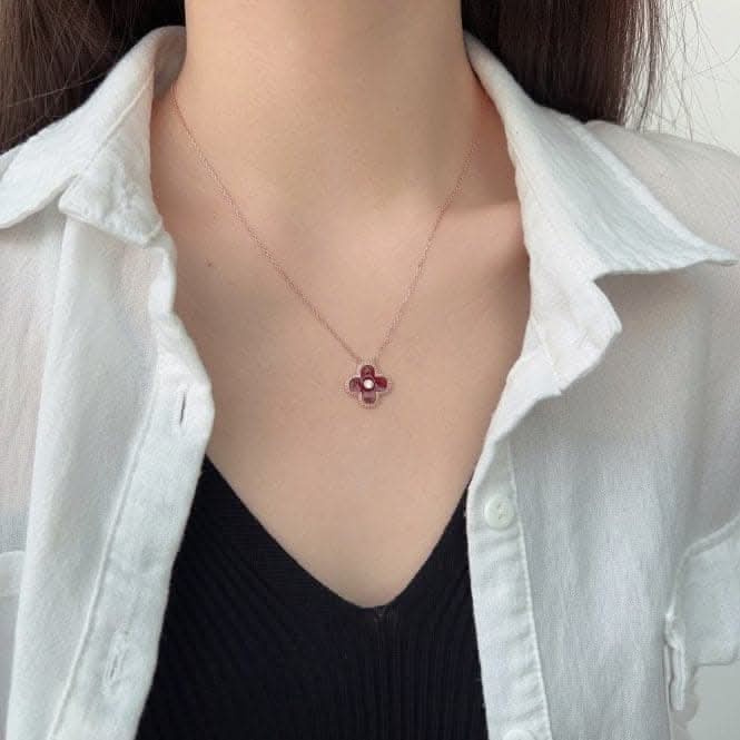 Sterling Silver Rose Gold Plated Red Lucky 4 Leaf Necklace ERLN030