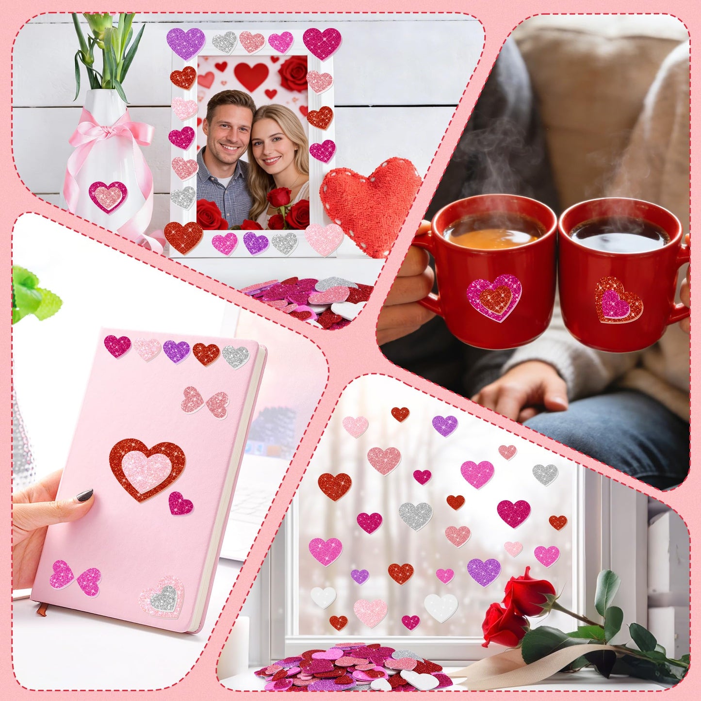Sticeard 1040 PCS Glitter Heart Foam Stickers – Self-Adhesive Valentine’s Day Crafts & Scrapbooking