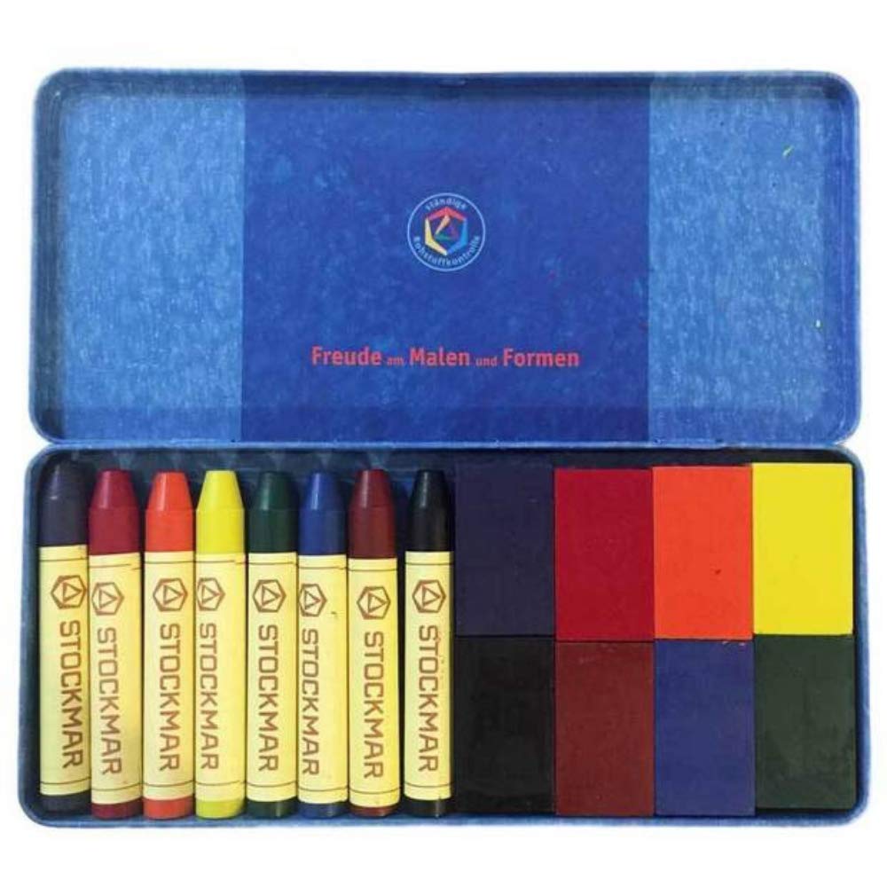 Stockmar Beeswax Crayons & Blocks Combined Set — 8 Sticks + 8 Blocks in Tin Case, Vibrant Transparent Colors