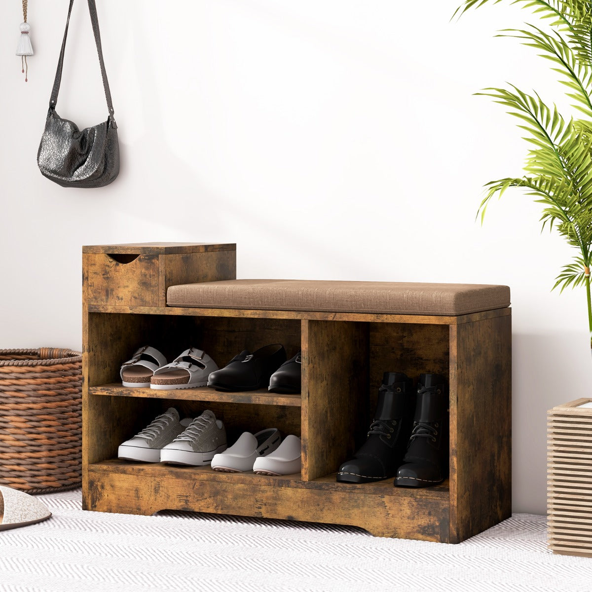 Storage Shoe Bench with Removable Cushion-Brown