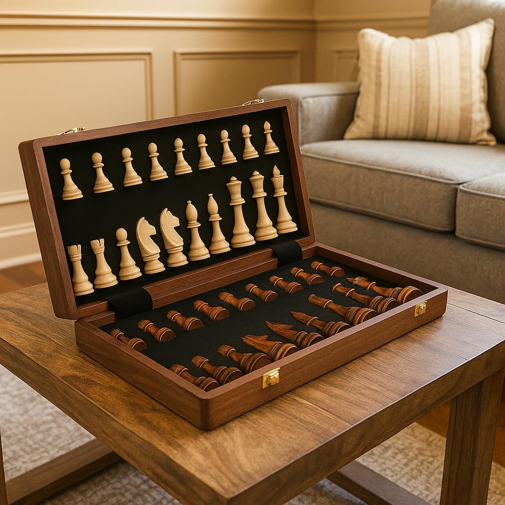 Strategyify 15-Inch Folding Walnut Chess Set with Storage – Tournament-Size Portable Board
