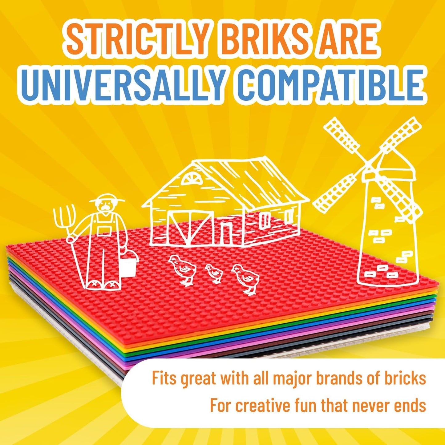 Strictly Briks Stackable Rainbow Baseplates – 12 Pack 10x10, 32x32 Studs, LEGO Compatible