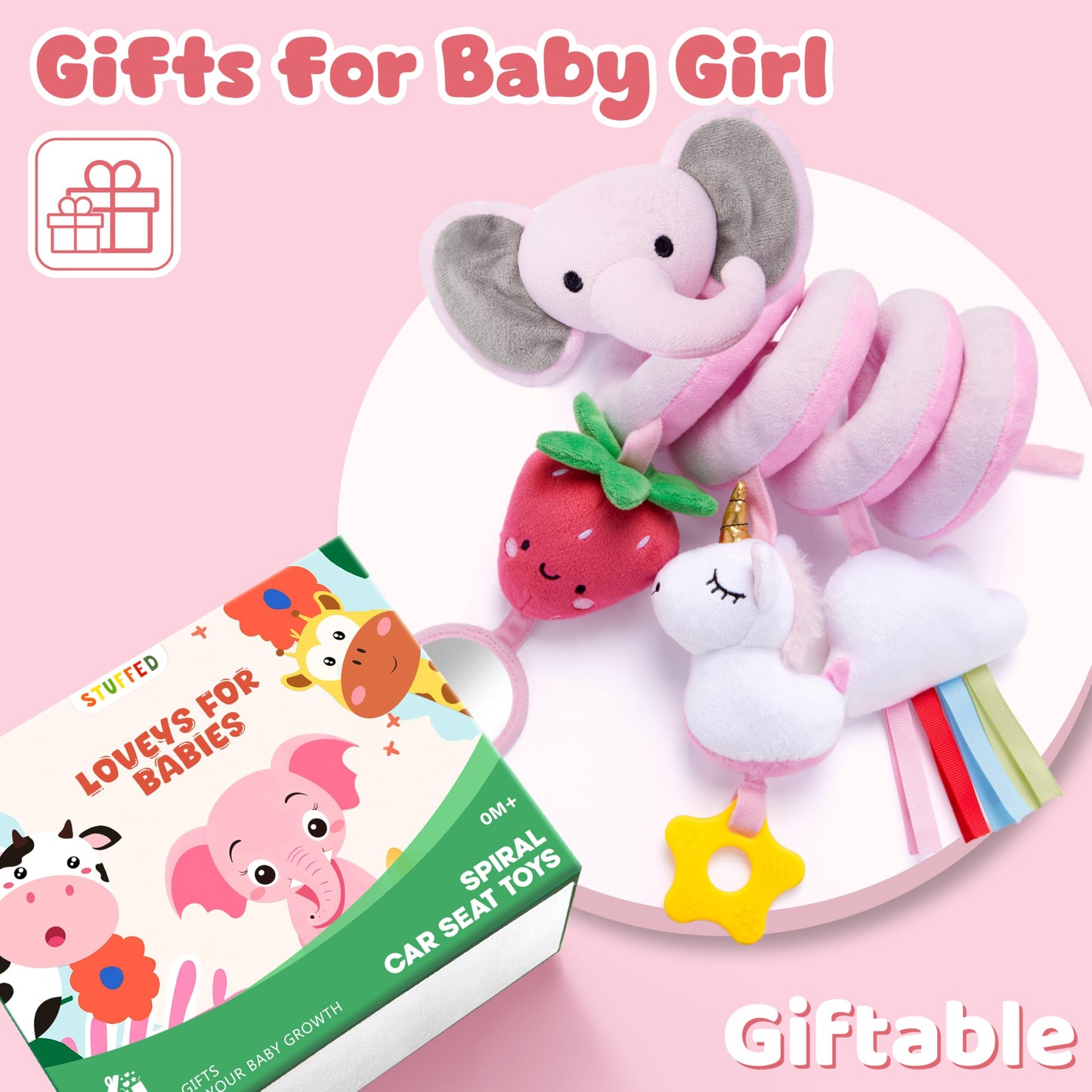Stuffed Spiral Car Seat Toys for Baby Girls 0-6 Months – Pink Elephant, Strawberry & Unicorn