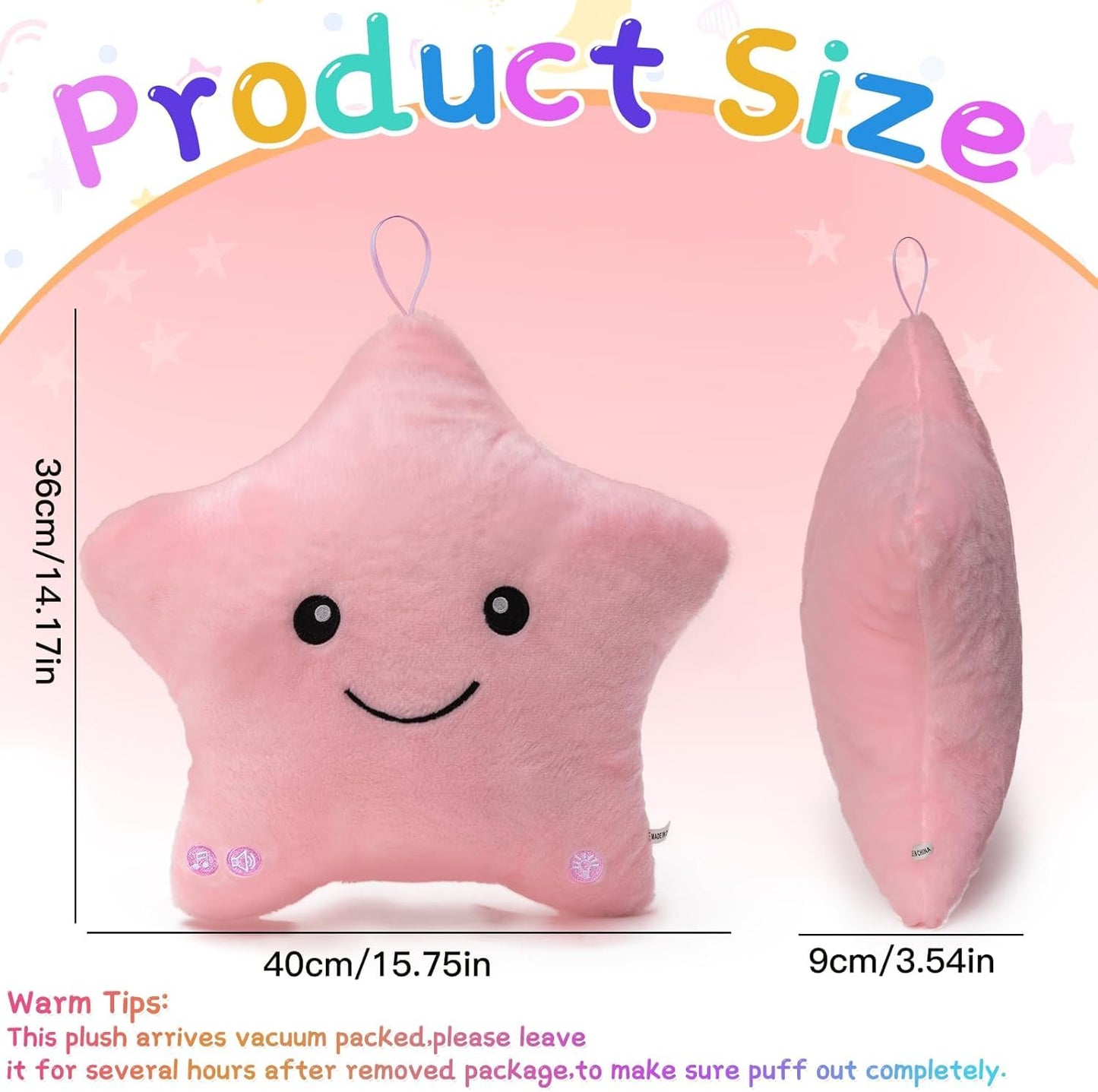 Subao Sensory Toys for Kids | 14” Twinkle Star Pillow with Light & Music