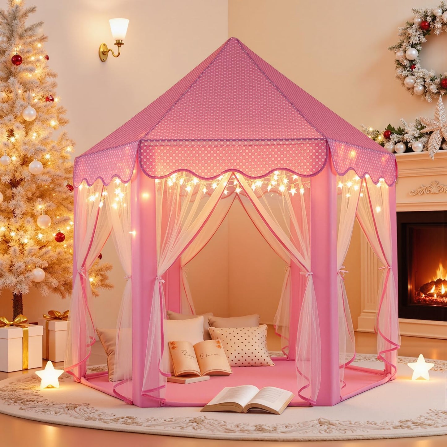 Sumbababy Princess Castle Tent for Girls — Pink Hexagon Playhouse with Fairy Star Lights