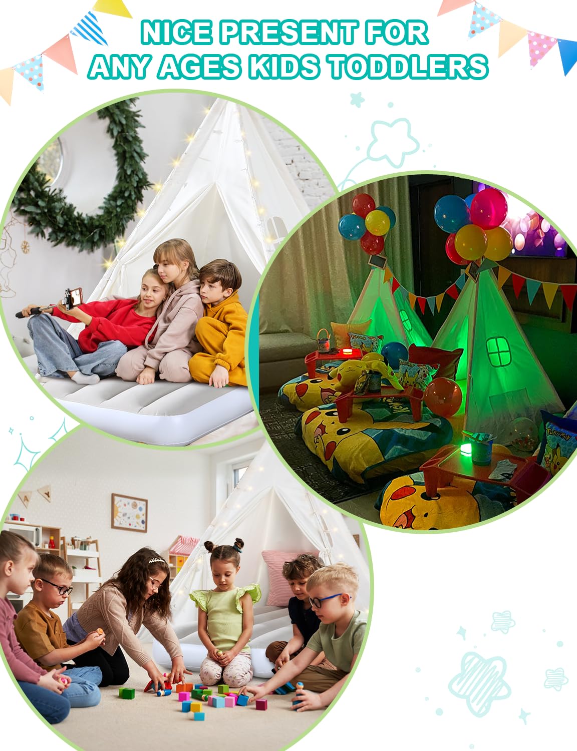 Sumbababy Teepee Tent 2 Pack for Kids Sleepovers – Inflatable Airbeds, Star Lights & Flags