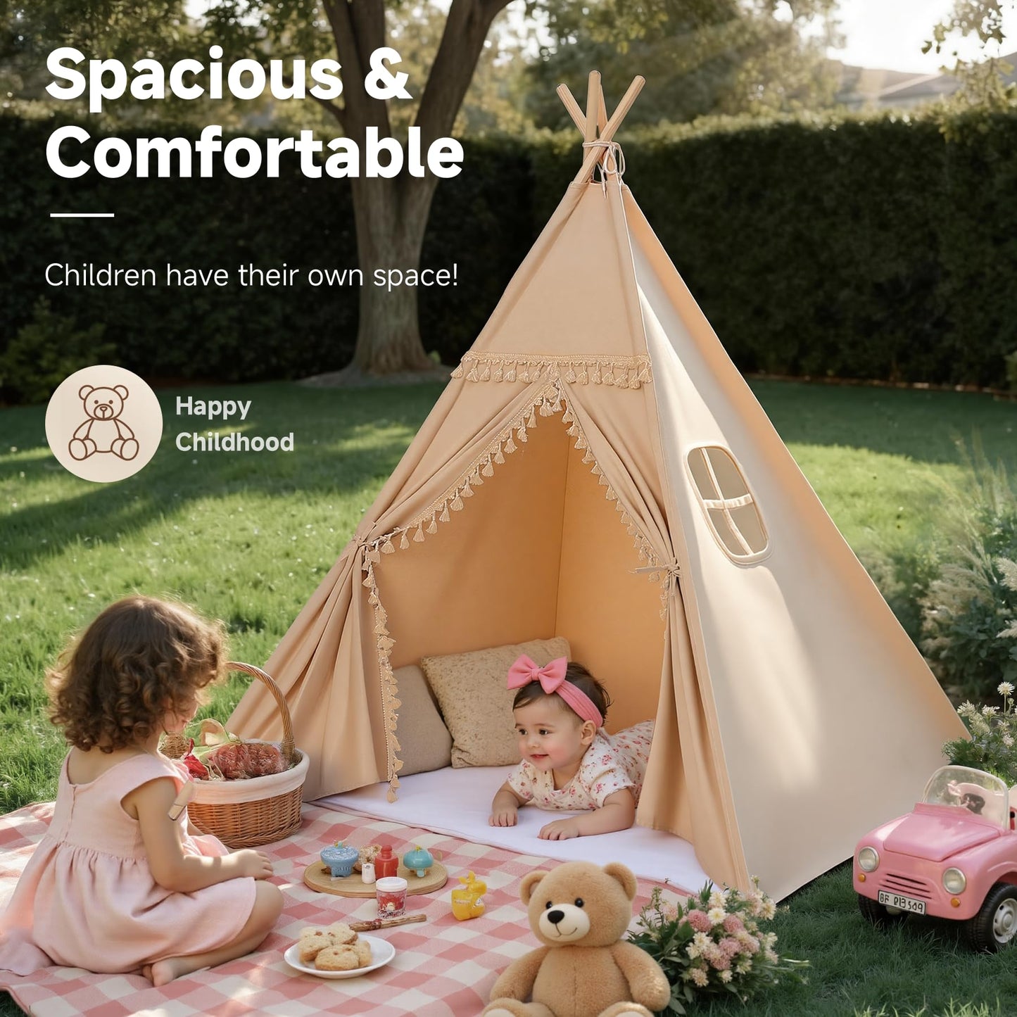Sumbababy Kids Teepee Tent Khaki – Foldable Cotton Canvas Play Tent with Tassel Trim & Star Lights