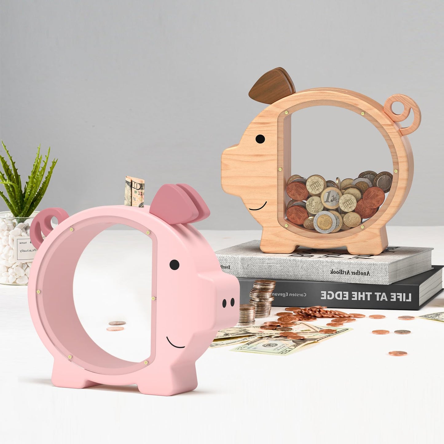 Summidate Pink Piggy Bank for Kids – Clear Wooden Money Box with DIY Stickers