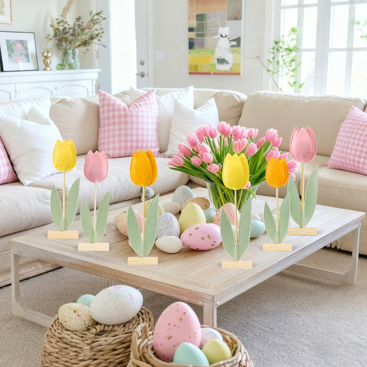 SUNBEAUTY 6Pcs Spring Tulips Felt Centerpiece – Easter Table Decor (Pink, Yellow, Orange)