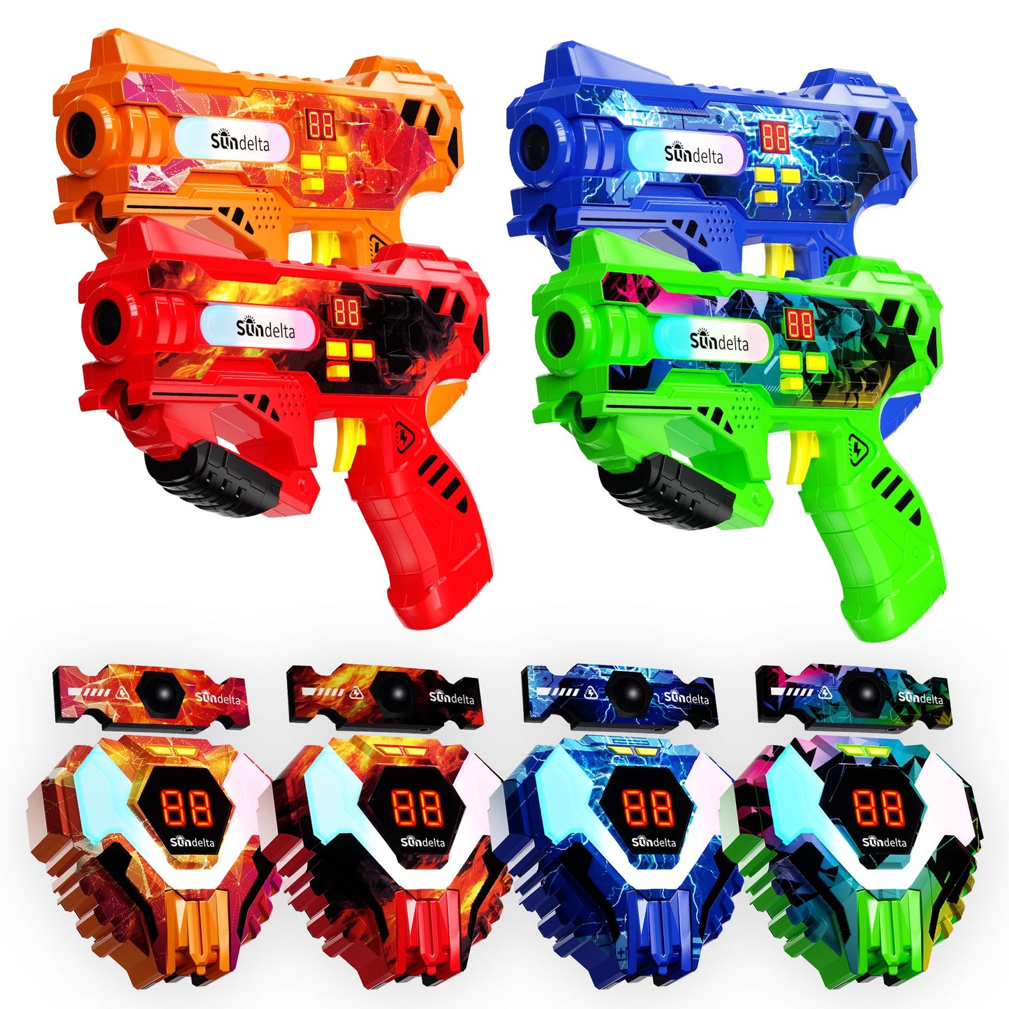 Sundelta Rechargeable Laser Tag Guns (4-Pack) — 360° Sensors, LED Display, Real-Time Hit Feedback
