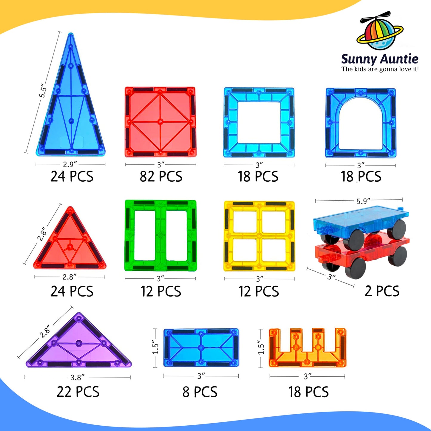 Sunny Auntie Magnetic Tiles XL Set – 240 PCS, 125 Tiles + 2 Cars + Carrying Case | Gift Box