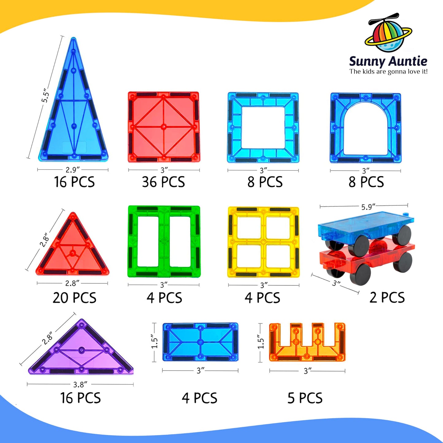 Sunny Auntie Magnetic Tiles 123-Piece Set with Zippered Case – STEM Toy for Ages 3–8