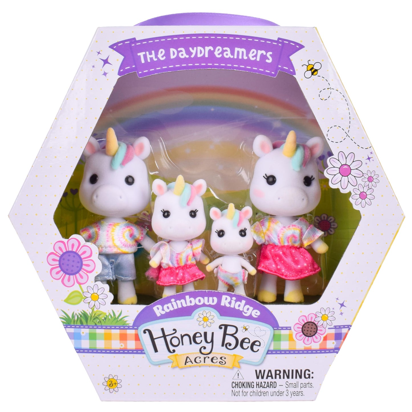 Sunny Days Entertainment Honey Bee Acres Rainbow Ridge Daydreamers Unicorn Family – 4 Miniature Flocked Dolls
