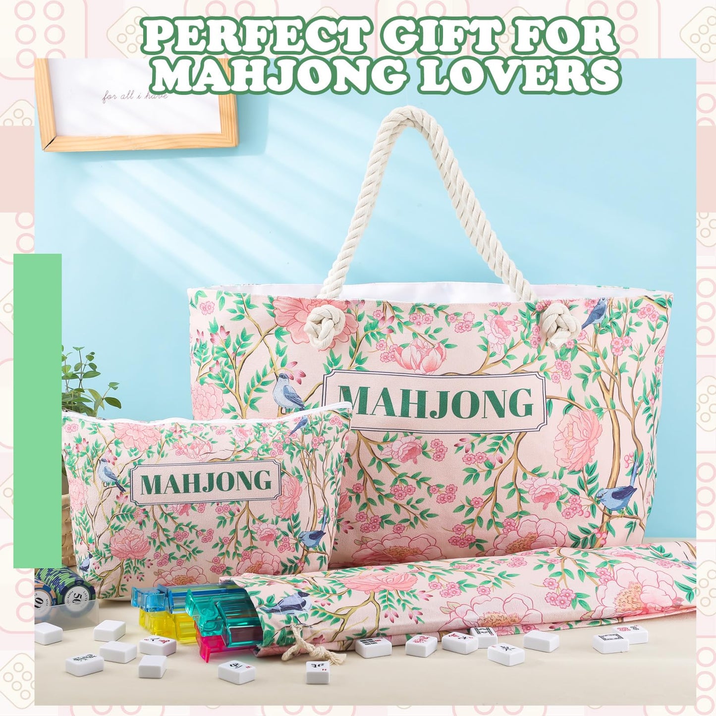 Sunnymove Empty Mahjong Bags Set for Tiles and Racks – 24x13x4.7 Inch Carrying Bag Case (Chinoiserie)