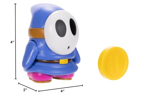 Super Mario Blue Shy Guy 4-Inch Poseable Figure with Coin Accessory | Officially Licensed