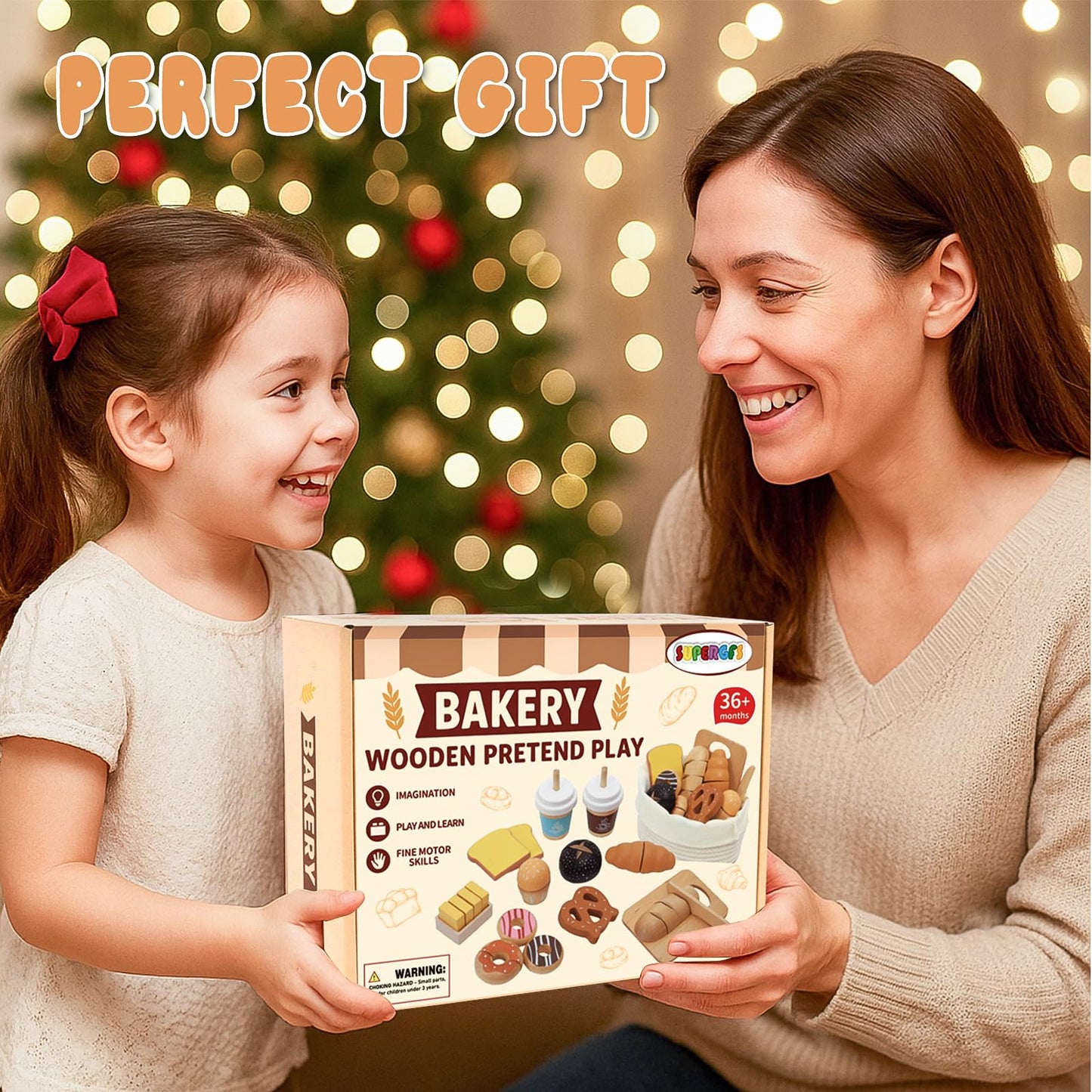 SUPERGFS Wooden Bakery Playset – Realistic Pretend Food with Tote for Kids 3+