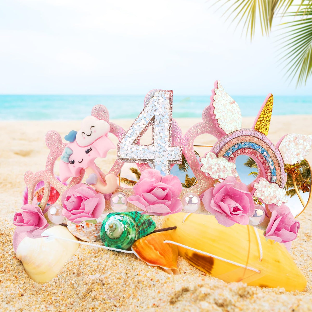 SuPoo 4th Birthday Headband Flower Crown – Princess Tiara for Girls, Cute 4th Birthday Decorations
