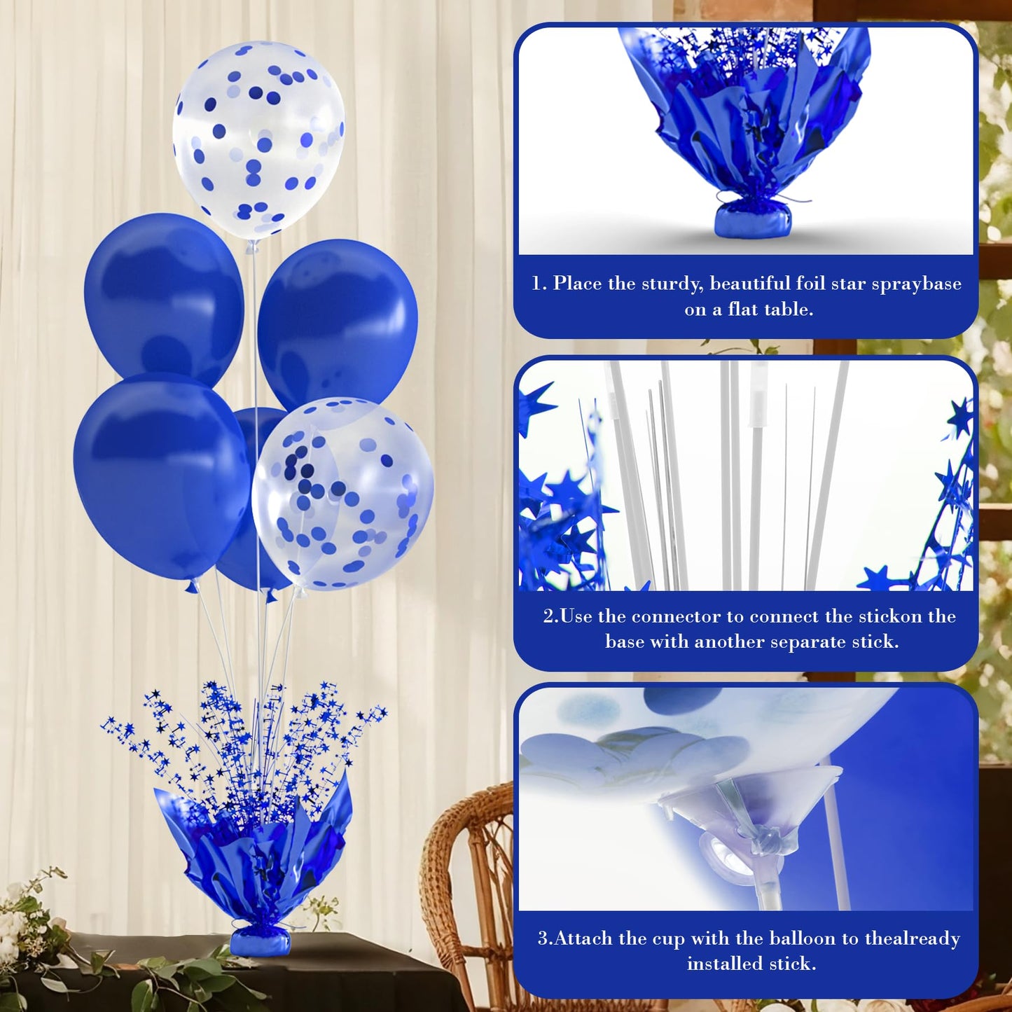 Suppromo 6-Set Royal Blue Table Balloon Stand Kit | Foil Star Spray Centerpiece
