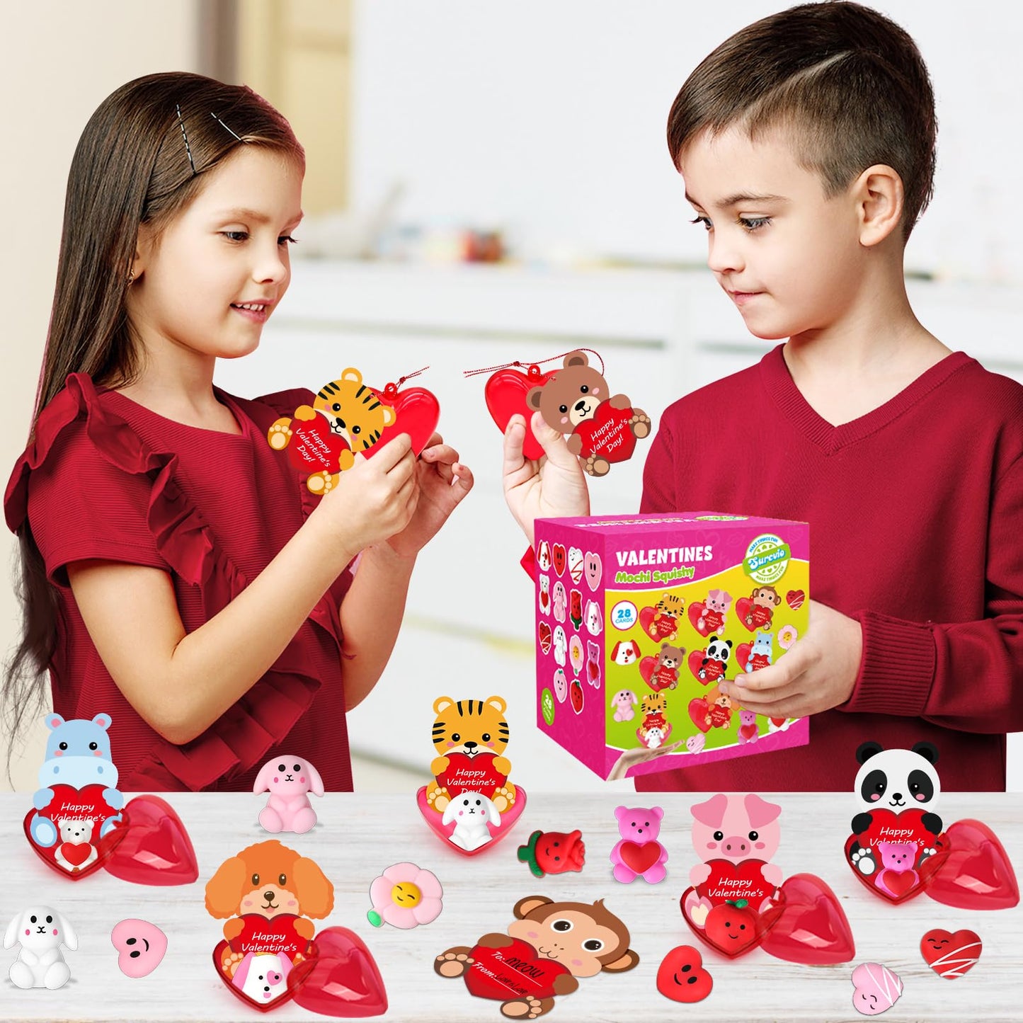 SURCVIO 28-Pack Valentine Mochi Squishies with Heart Cases & Cards | Classroom Gifts
