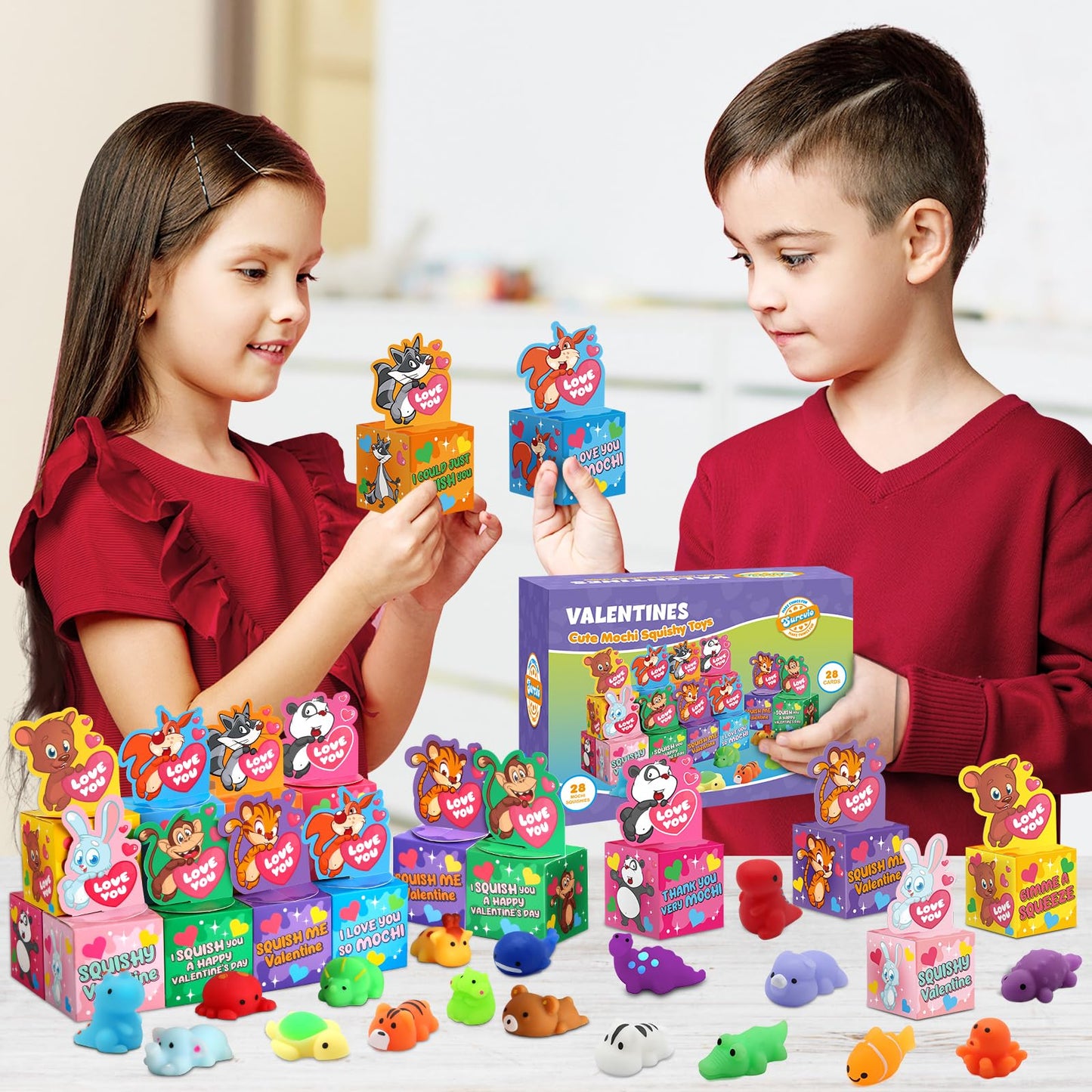 SURCVIO 28-Pack Valentines Day Gifts for Kids – Mochi Squishies & Greeting Card Boxes