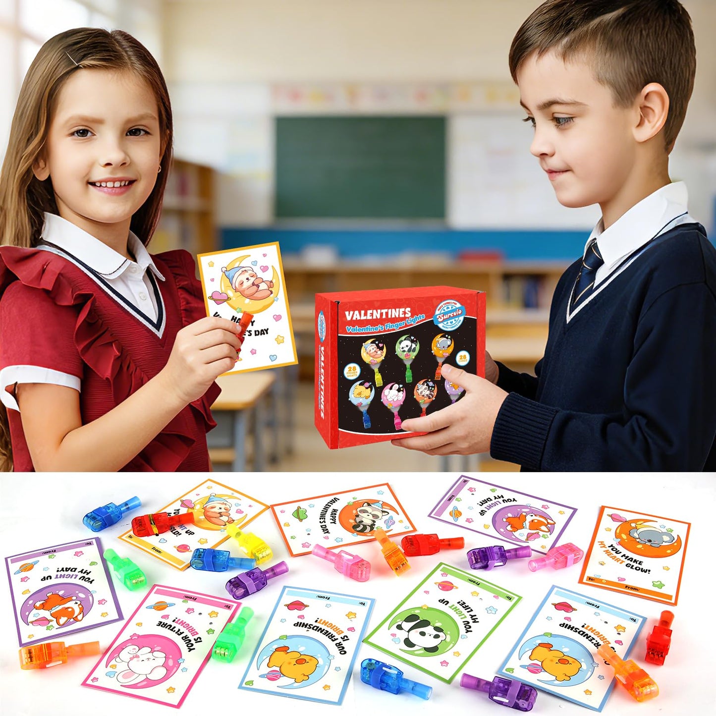 SURCVIO Valentines Day Finger Lights – 28-Pack with Cards for Classroom Parties
