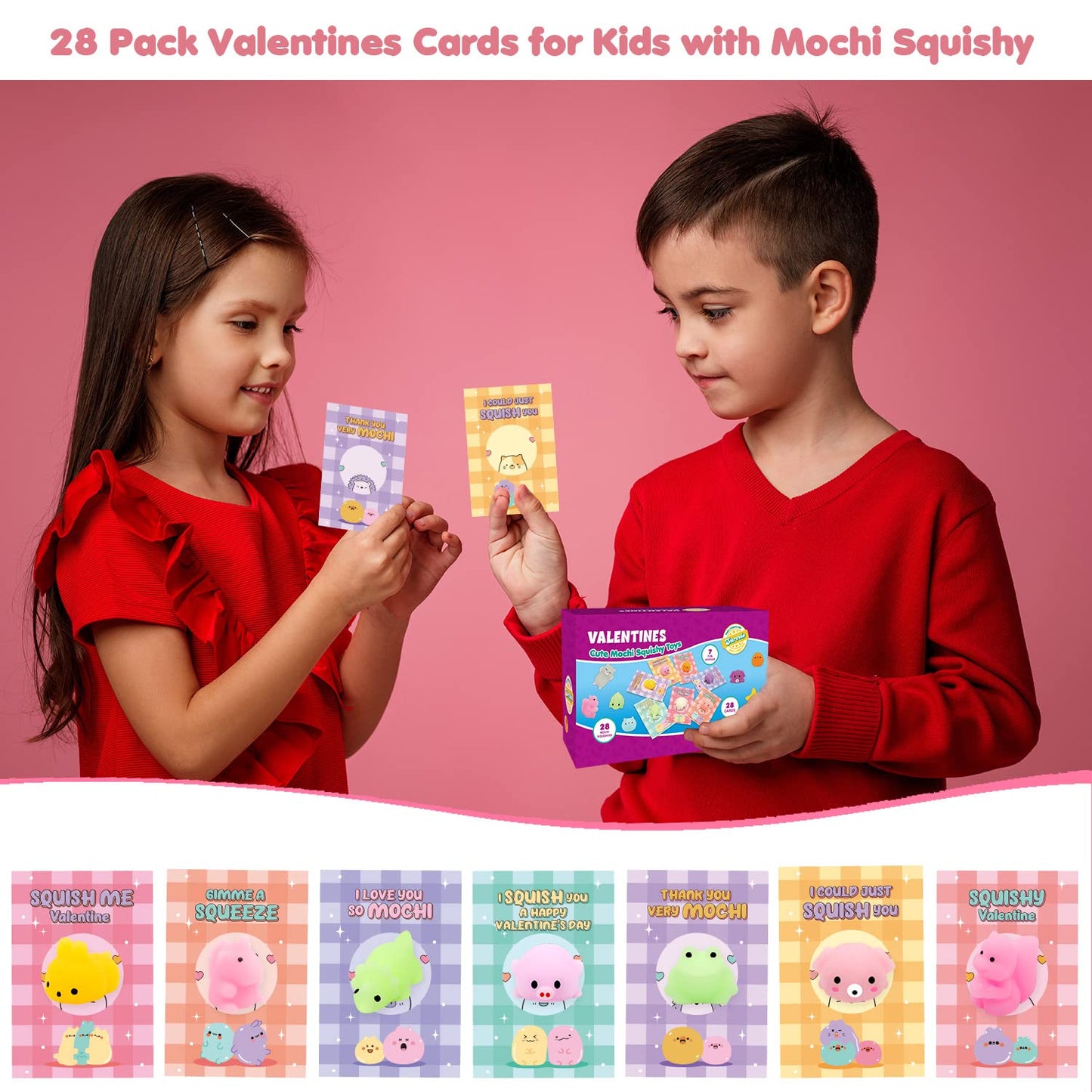 SURCVIO 28-Pack Valentines Mochi Squishies & Greeting Cards for Kids