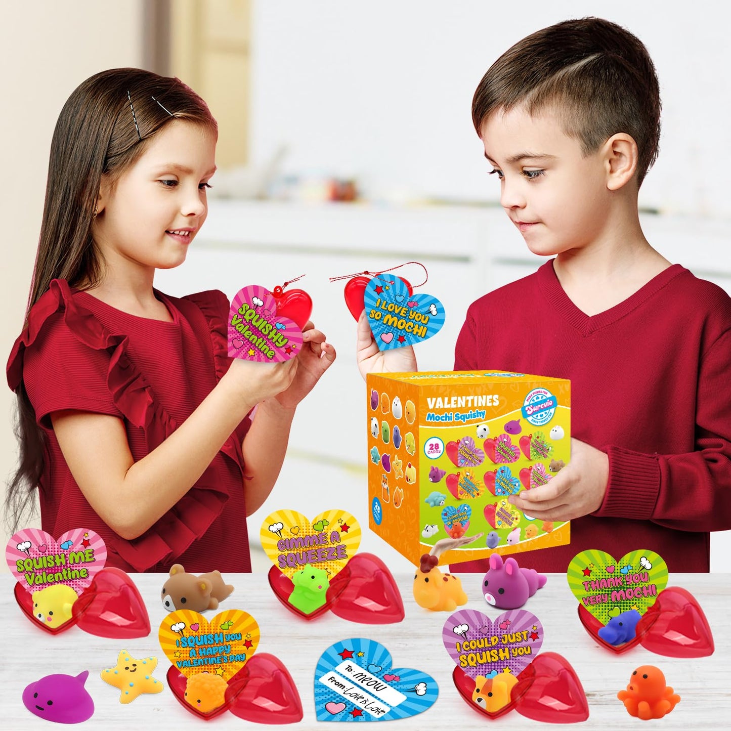 SURCVIO 28-Pack Valentine Mochi Squishies – Heart Cases, Cards & Kawaii Stress Relief Toys for Kids