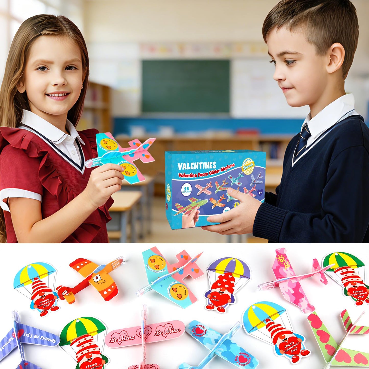 SURCVIO 28-Pack Valentines Gifts for Kids: Foam Airplanes & Greeting Cards